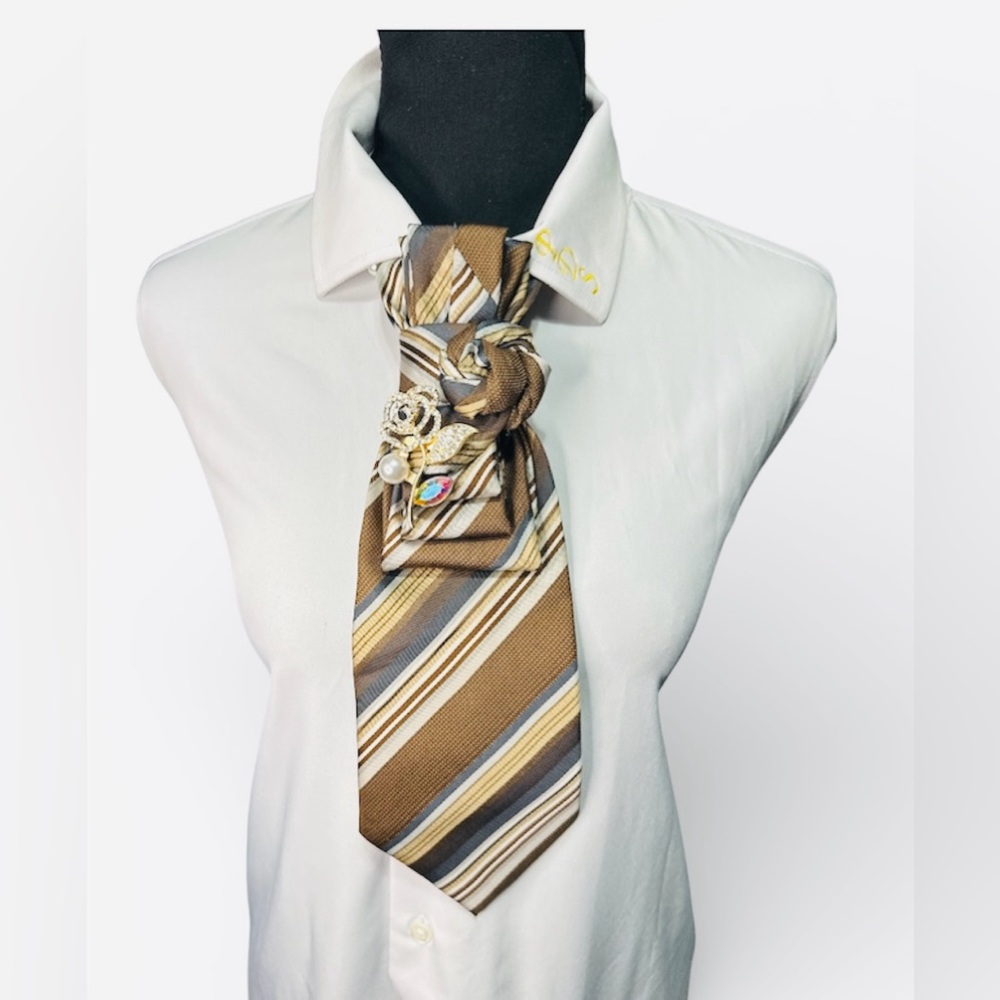 Stylish Brown/Gray Striped Necktie with Rose Brooch